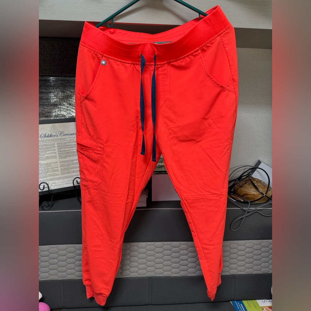 Figs Fiery Coral Zamora Jogger Pants with Navy Drawstring